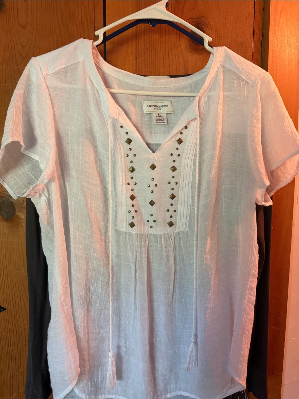 Liz Claiborne Light Pink Short-Sleeve Studded Peasant Top